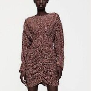 NWT Zara Printed Draped Long Sleeve Ruched Dress Sz XS
